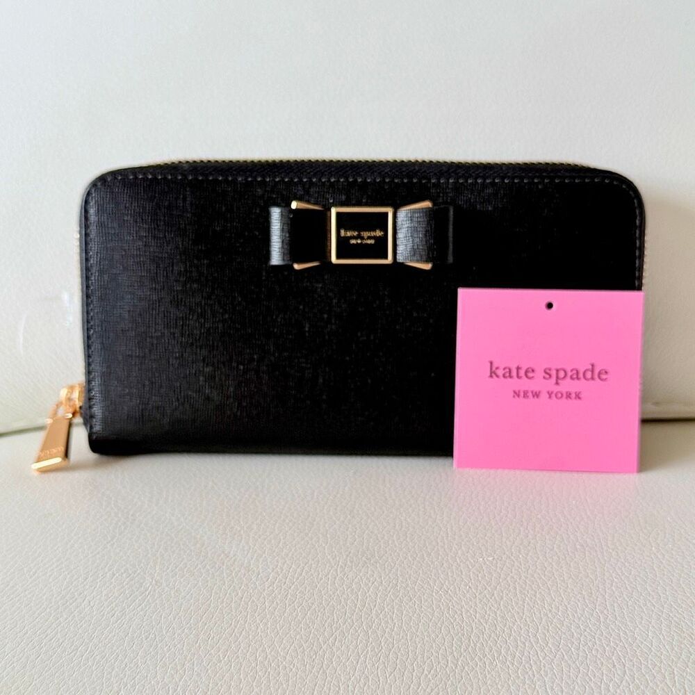 NWT Kate Spade Black Leather Morgan Bow Embellished Zip Around Continental Walle - Picture 16 of 16